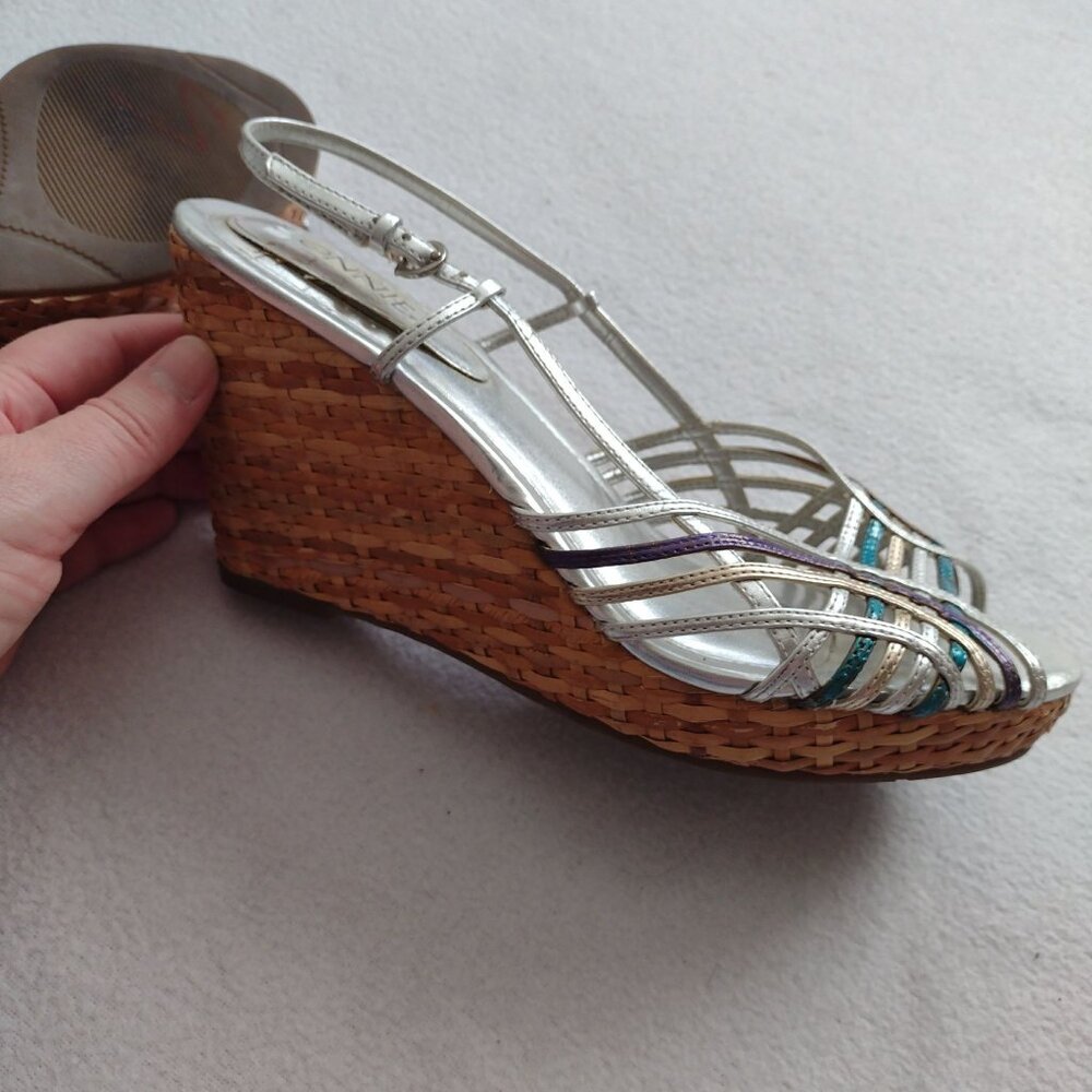 Connie Metallic Strappy Slingback Wedge 8.5 M Silver Straw Sandals - Picture 6 of 11